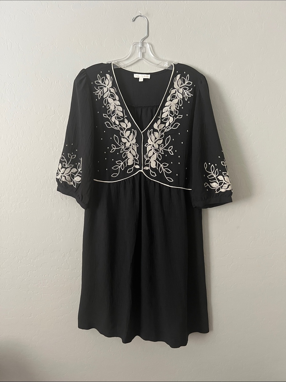 fig and flower Black Midi Dress with Ivory Floral Embroidery Accents